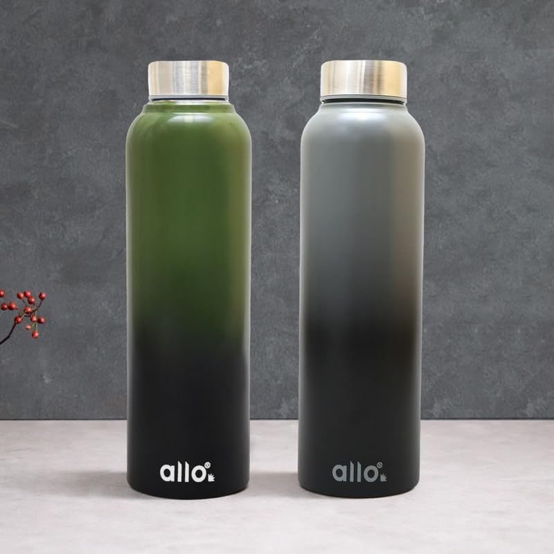 Image of Allo Stainless Steel Water Bottle For Adults, Kids 1 Litre Water Bottles For School, Office, Sports, Gym 1L Water Bottle For Men And Women, Pack Of 2| Leak Proof, Bpa Free, Olive Green & Dark Grey