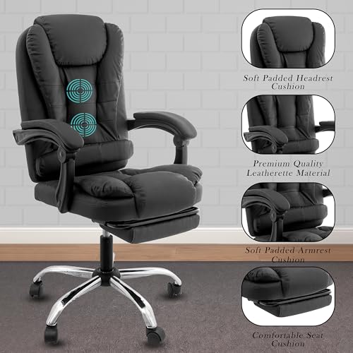 Image of Casa Copenhagen Italia Leatherette Office Chair for Work | Boss Chair, Ergonomic Executive, Luxurious Cushioned Arms & Seat, 2 Point Back Massager, Adjustable Leg Rest, Heavy Duty Metal Base (Black)