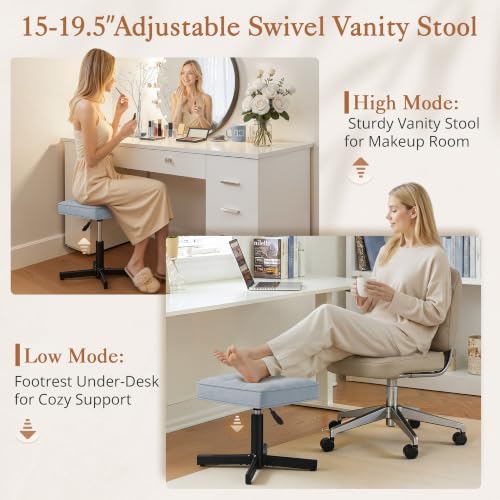 Image of LUE BONA Adjustable Vanity Stool, 15''-19.5'' Foot Rest Under Desk, 360 Swivel Vanity Chair for Makeup Room, Blue Upholstered Faux Leather Ottoman for Bathroom & Living Room, 300lbs