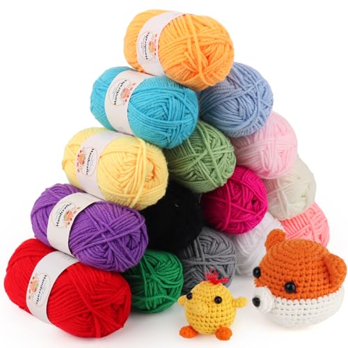 Coopay 15 Couleurs Laine à Crocheter pour Débutants, 15 x 25g de Laine Douce Colorée pour Crochet Tricot, 4 Brin de Fil à Crocheter pour Enfants en...