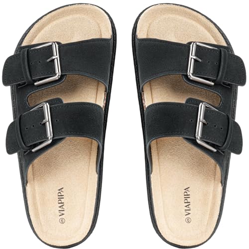 Image of Chunky Platform Sandals for Women, Waterproof Non-Slip Rubber Sole, Adjustable Double Buckle, Arch Support Open Toe Slide Sandals, Comfortable Black Wedge Sandals for Women