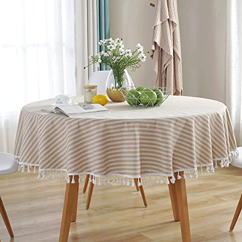 meioro Round Tablecloth Stripe Tassel Table Cloth Cotton Blend Dust-Proof Table Cover for Dining Circle Coffee Side End Card Tables, Parties Holiday Indoor Outdoor Use (Beige Stripes, 60 Inch) by meioro - Used condition - US$20.65