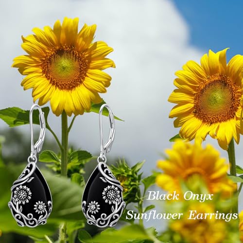 Boucles d'oreilles onyx noir en argent 925 de style goutte et fleur