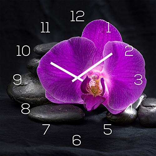 levandeo Horloge Murale en Verre 30 x 30 cm Motif orchidée Rose Noir Décoration Wellness Feng Shui Fleurs