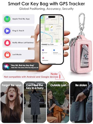 Image of Keychain, Works with Apple Find My, Key Finder Built-in Anti-Loss Tracker, Leather Car Fob Key Holder, Double-Layer Car Key Chains with Global Locator Tracking, Rechargeable (Pink)