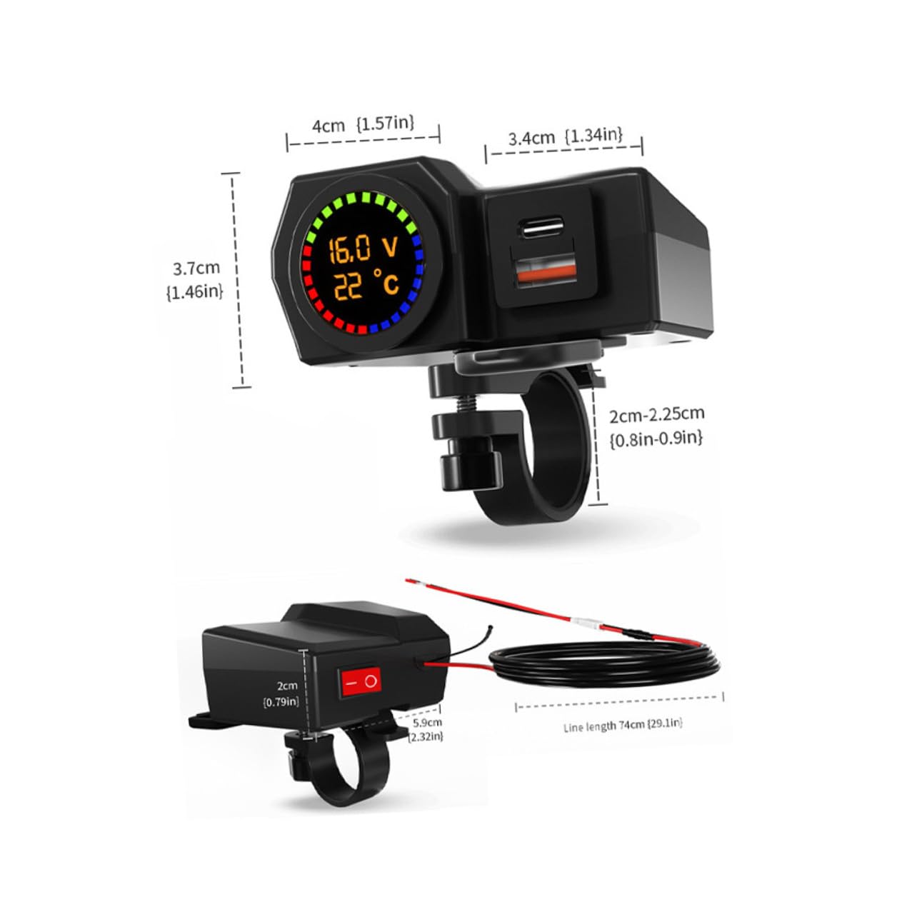 STOBAZA Motorrad Ladegerät mit Dualem USB Anschluss und Typ-c Digitales Voltmeter und Thermometer 70cm Stromkabel Schwarz aus Abs und Kupfer Kompatibel mit Motorrad und Autobatterie