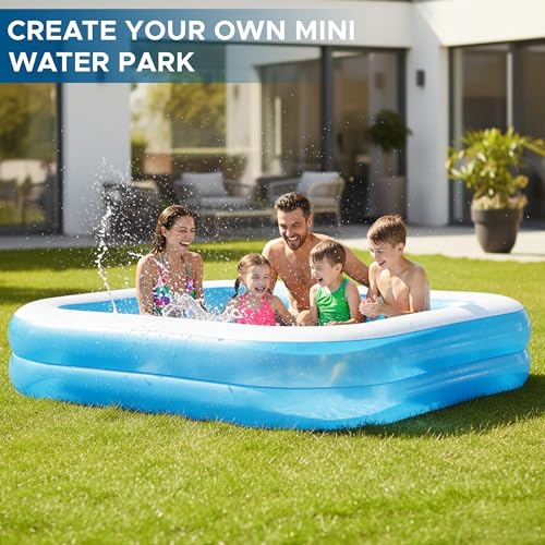 Image of NHR 8.7Ft Inflatable Swimming Pool for Kids & Adults (262x175x51cm) with Electric Air Pump, 778L Capacity Large Rectangular Family Blow Up Pool for Garden Backyard Lawn Splash Fun, Ages 3 Years+