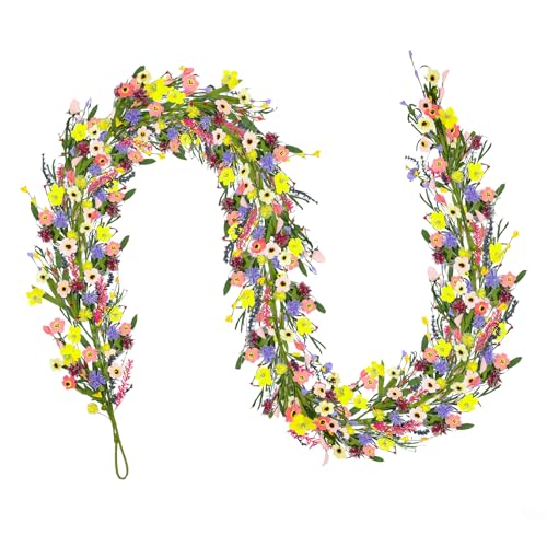 GLOMAXLY 6 ft Artificial Wildflower Garland Wisteria Lavender Daisy Faux Floral Vine Summer Spring Floral Fake Garland All Year Round Home Decor for Indoor Outdoor Home Wedding Arch
