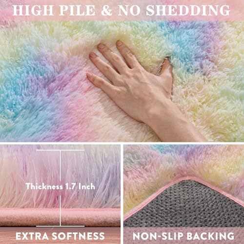 Fluffy Colorful Rainbow Rug 5 x 7, Plush Area Rugs for Bedroom Living Room, Large Fuzzy Carpet for Girls Kids Nursery Room Dorm, Non-Slip & Soft Shag Rug for Home Decor