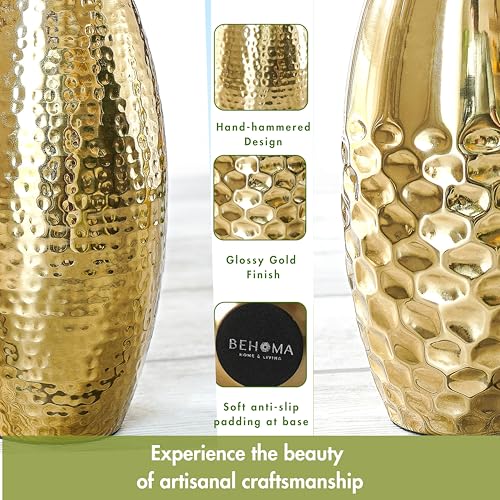 Image of Behoma Metal Hammered Vase for Home Decor | Decoratives for Indoor Outdoor Living Room Balcony |Golden Half Hammered & Full Hammered Oblong Shape (Flower not Included) (Set of 2)
