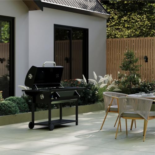 CHARLES BENTLEY Excellent 635 Charcoal BBQ with Integrated Thermometer, Dual Side Tables, Hanging Storage Basket, Adjustable Charcoal Height & Removable Ash Tray, Enamel Coated Steel (164x108cm)