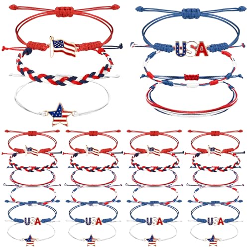 Image of 24 Pcs 4th of July Bracelets Red White and Blue Bracelets Patriotic USA American Flag String Woven Wristband Bulk 4th of July Party Favors for 250th Anniversary Independence Day Parade Supplies