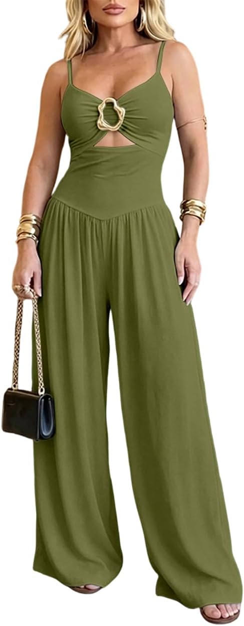 Women Hollow Out Wide Leg Jumpsuit V-Neck Backless Adjustable Spaghetti Romper Party Outfit with Pockets