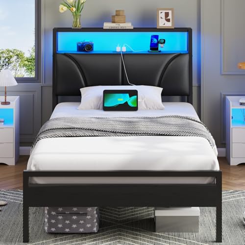 Brinlawb Cadre de Lit 90x190 avec sommier Métal, Lit 1 Personne avec lumières LED, Multiprise (2 Prises CA, 2 Ports USB) lit 90x190cm en métal avec...