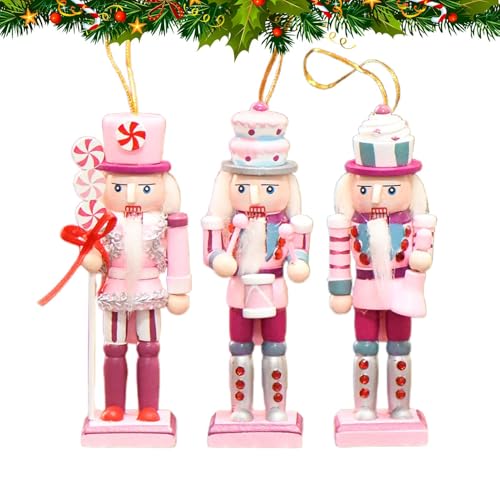 Figura de cascanueces de madera, adornos de árbol de cascanueces | Juego de 3 figuras navideñas de cascanueces de soldado rosa de 4 pulgadas - Muñeca soldado cascanueces Navidad para decoraciones de