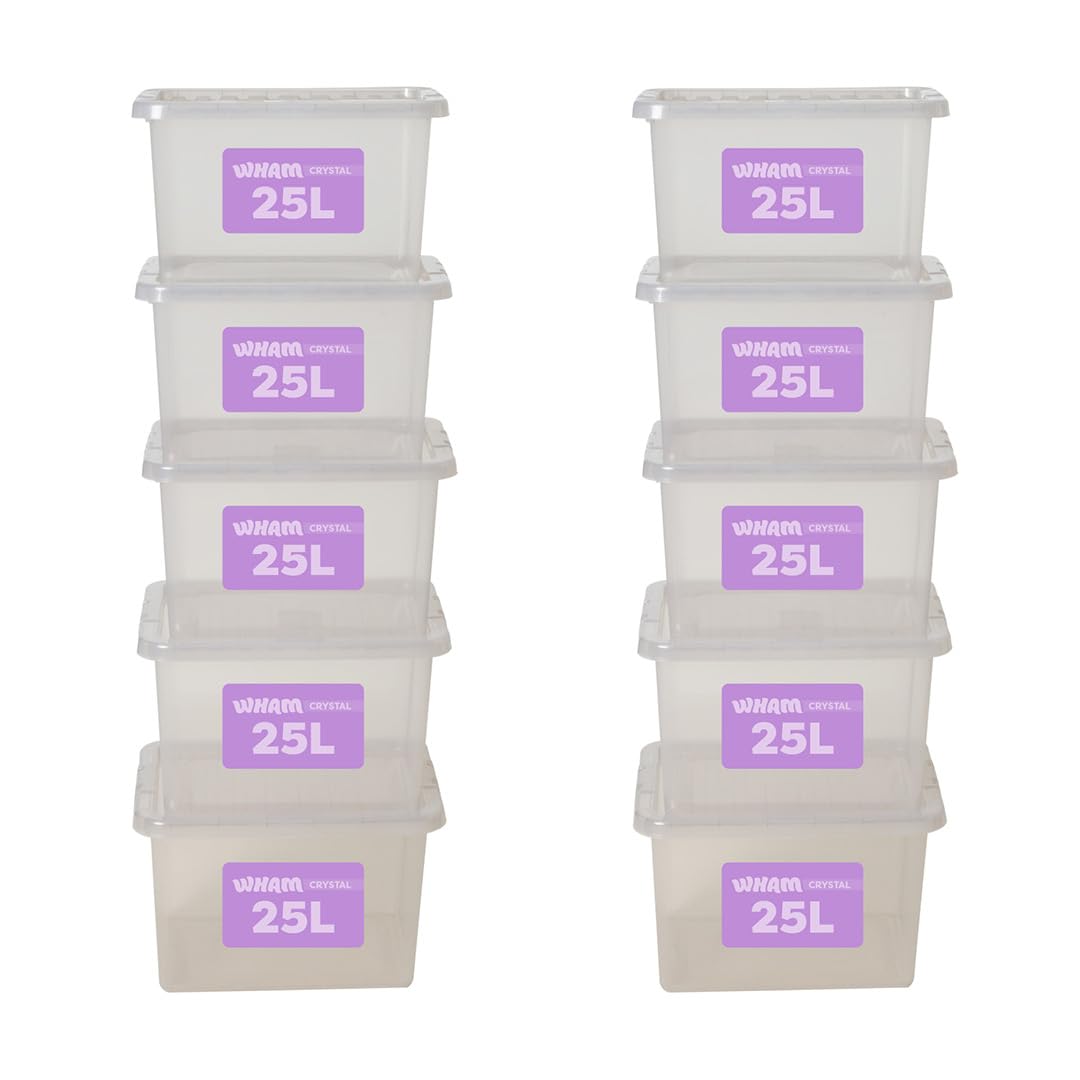 Wham Plastic Storage Boxes With Lids Home Office Stackable Nestable Container Box, 25L Easy fit Underbed Protective Storage Box, 42.5 x 33 x 25.5 cm - Tint Grey (Set of 10)