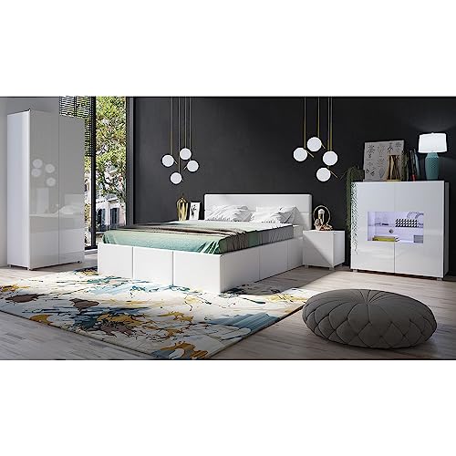 Lomadox Schlafzimmer Set 5-teilig mit Bett 160x200cm, 2 Nachttische, Kleiderschrank 2-TRG., Highboard in weiß Hochglanz mit weißem Kunstleder Modern