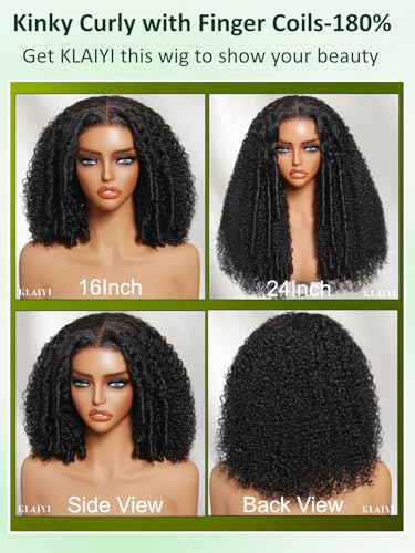 Image of KLAIYI Bye Bye Slip Afro Kinky Curly Precut 7x5Lace Front Wigs Human Hair Glueless Pre Plucked Bleached Knots Drawstring Bouncy Curls Ready to Wear and Go Wig with Finger Coil Ends 180%Density 18Inch