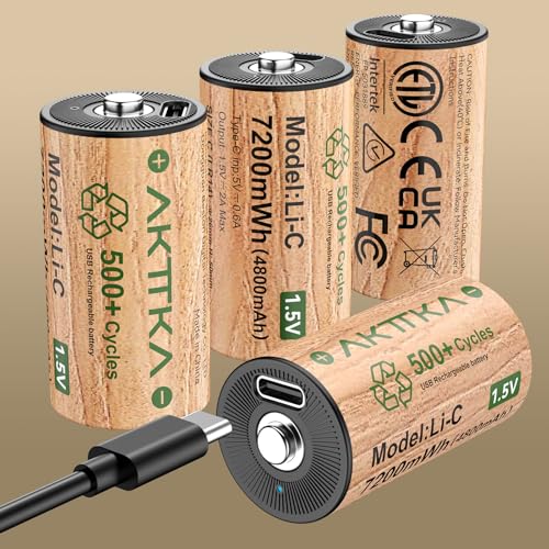 AKTTKA 4本セット 充電式単二電池、1.5Vリチウム電池、7200 mWh、500回以上の充電サイクル、USB-C充電ケーブル付属,懐中電灯、キャンプ用ランタン、ラジオ、非常灯及びおもちゃに適しています