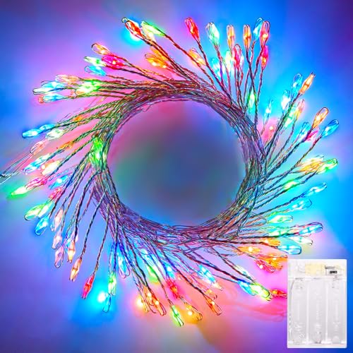 Image of 2Pack Battery Operated Fairy Lights, 10 Ft 120LEDs Firecracker String Lights Waterproof Silver Wire Starry Firefly Light for DIY Wreath Home Wedding Indoor Outdoor Christmas Decorations, Multicolor