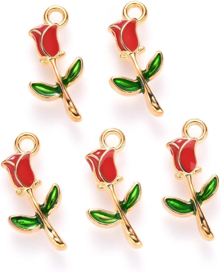 KitBeads100pcs Enamel Red Rose Charms Mini Floral Valentine Romantic Flower Charm for Jewelry Making Bracelets Bulk