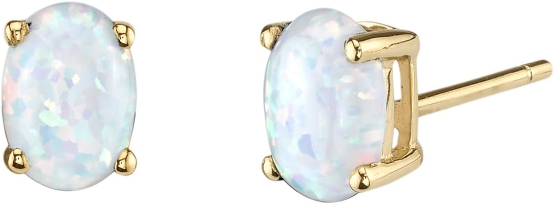 Peora 14K Yellow Gold Created White Fire Opal Earrings for Women, Hypoallergenic Solitaire Studs, 7x5mm Oval Shape, 1 Carat total, October Birthstone, Friction Back, Dainty, Iridescent Earrings,