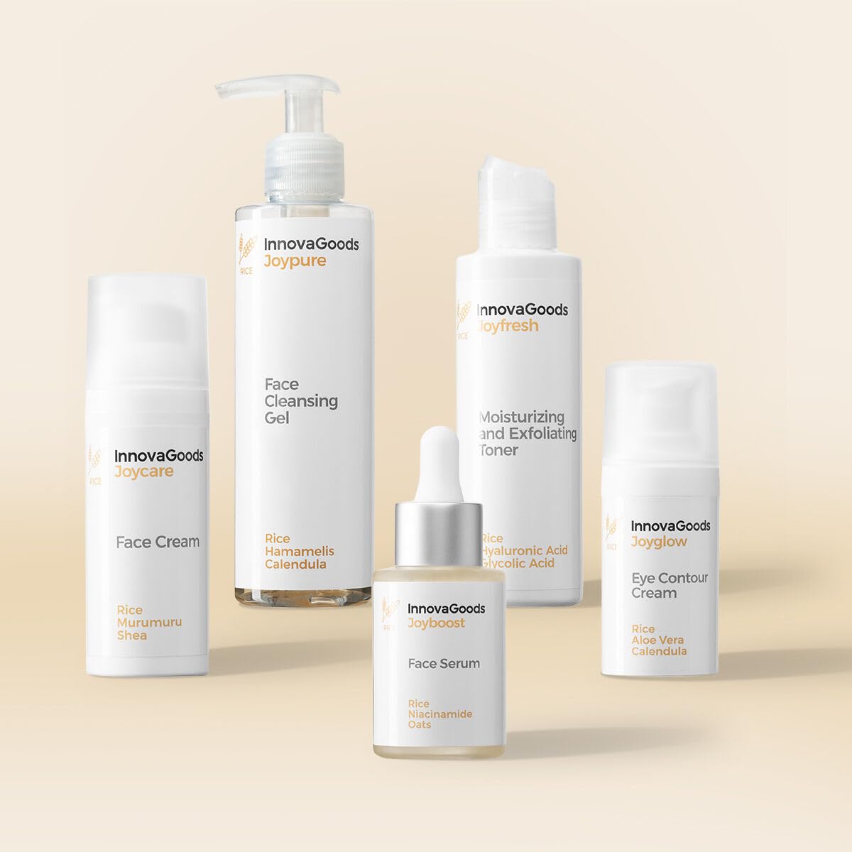 InnovaGoods Skincare Set, Feuchtigkeitscreme, Augencreme, Serum, Reinigungsgel, Gesichtswasser, natürliche Inhaltsstoffe, spendet Feuchtigkeit, hellt alle Hauttypen auf