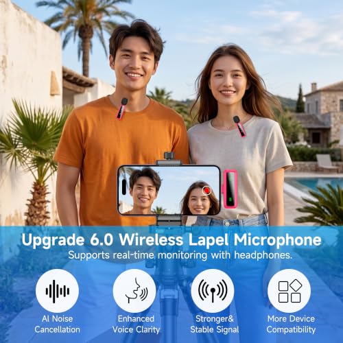 Image of Wireless Lavalier Microphone for iPhone - iPad, Android Phone Computer, Mini Microphone for Live Streaming, Video Recording, Outdoor or Indoor Interviews, YouTube, TikTok, Vlog (Rose red)