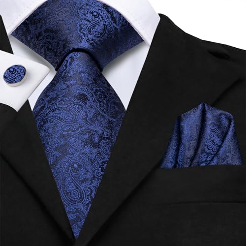 Image of Hi-Tie Silk Ties for Men Plaid Paisley Striped Necktie Pocket Square Cufflinks Set Formal Business