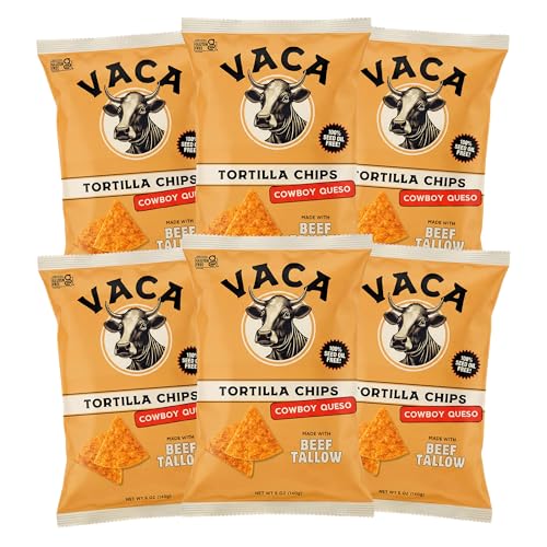 Vaca Chips – Beef Tallow Tortilla Chips, Cowboy Queso Flavor – 6 Pack of 5 oz Bags – Seed Oil Free Snack Made with Organic Corn & Clean Ingredients – Gluten Free, No Preservatives, Cooked in Beef Tallow