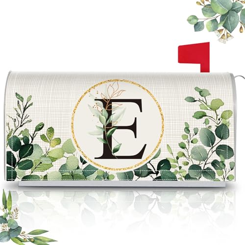 Image of Tiamon Monogrammed E Mailbox Covers Magnetic Eucalyptus Welcome Letter Box Wrap Standard Size 21x18 Inch Spring Summer Leaves Mailbox Decor Eucalyptus Letter Numbers Decoration for Outdoor Garden Yard