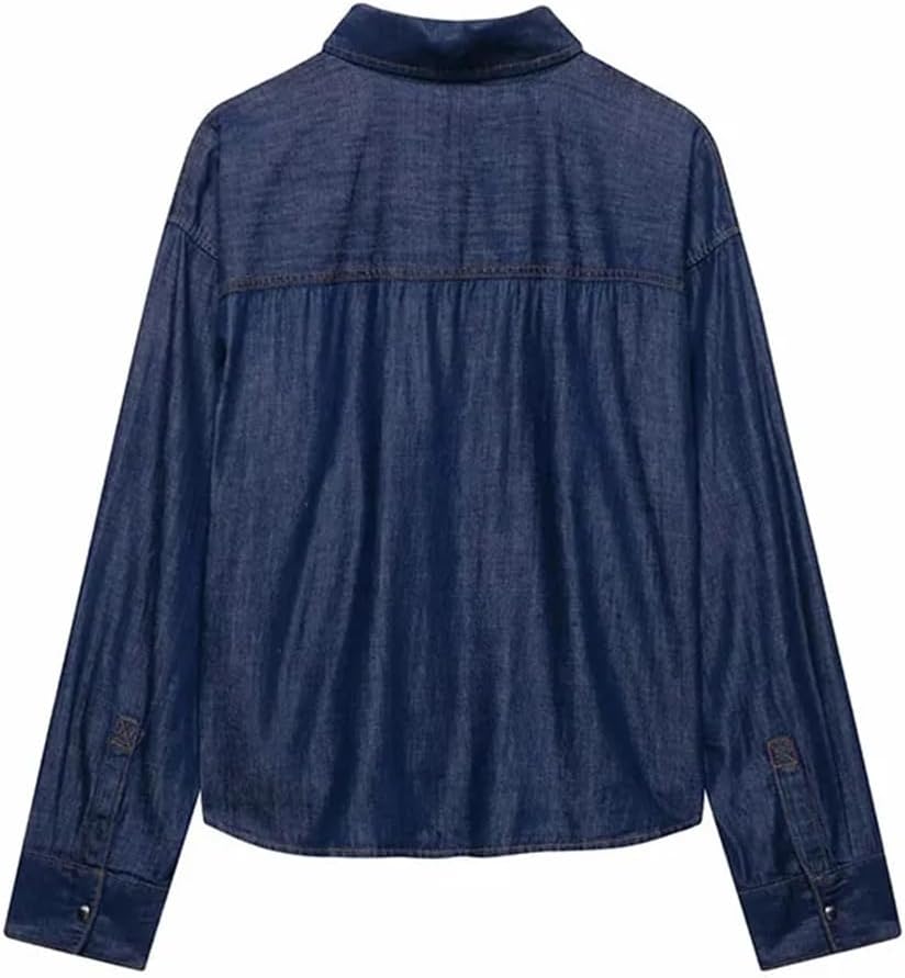 Womens Casual Denim Suit High Waist Wide Leg Pants and Long Sleeve Single-Breasted Shirt Sets