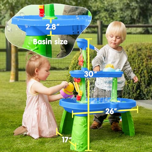 Play-Act Water Table for Toddlers, 3-Tier Water Sand Table Outdoor Play Toys for Kids Ages 2 3 4, includes 18 PCS Water & Sand Accessories, Ideal for Summer Beach Backyard Activities, 26" x 17" x 30"