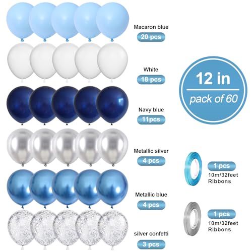 Image of Navy Blue Silver Balloons Set, 60 PCS Blue Silver White Metallic Confetti Latex Balloons for Boys Men Birthday Wedding Space Theme Party Decorations