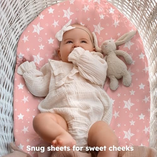 Image of Baby Bassinet Sheets, 3 Pack Fitted Bassinet Mattress Sheets, Compatible with Halo Bassinest Swivel Sleeper & Oval Hourglass Rectangle Mattress, Ultra Soft Pink Stars