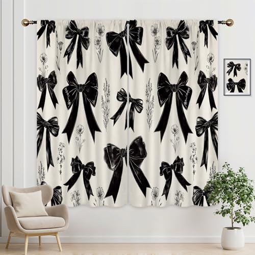 Mitpok Cortinas con lazo negro para dormitorio de niñas, 42 pulgadas de ancho x 63 pulgadas de alto, bolsillo para barra, coqueta para niños, estilo retro, vintage, rústico, floral, elegante, bonito