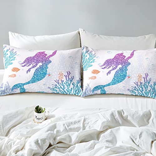 Mermaid Bedding Set Full For Girls Kids Mermaid Princess Bedroom Decor Blue Purple Sequins Fish Scales Duvet Cover Girly Gradient Comforter Cover 3 Pcs Sea Animal Starfish Seahorse Decor Bedding #TOP4