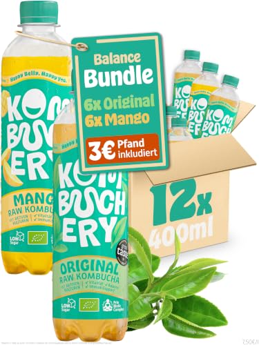 KOMBUCHERY Balance Bundle | Raw Kombucha BIO | 12 x 400ml | Fermentierter Tee mit aktiven Darm-Kulturen | Zuckerarm & Kalorienarm | Unpasteurisiert PrioBiotic Vegan Testsieger | inkl. 3 PFAND