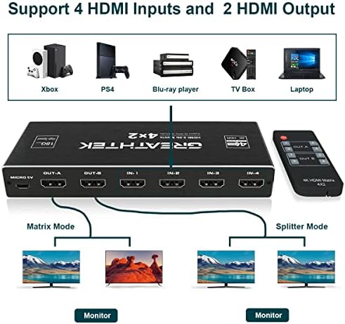HDMI Matrix 4x2 Switch 4K@60Hz 4:4:4, Audio EDID Extractor with IR Remote Control, HDR Dolby Vision SPDIF 5.1CH & Optical & L/R 3.5mm Output, HDMI2.0 Video Switcher Splitter 3D 1080P (HDMI Matrix 4x2)