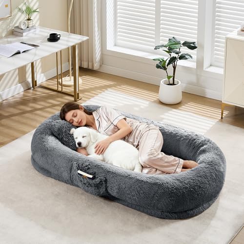 67-Inch Human Dog Bed for Adult & Pets, Removable Faux Fur Human Dogs Bed with Pillow, Portable Handle, Side Pockets, Egg-Shaped Orthopedic Foam. Large Dog Bed for Living Rooms, Bedrooms, and Offices by PeacefulHues - Used condition - US$43.55