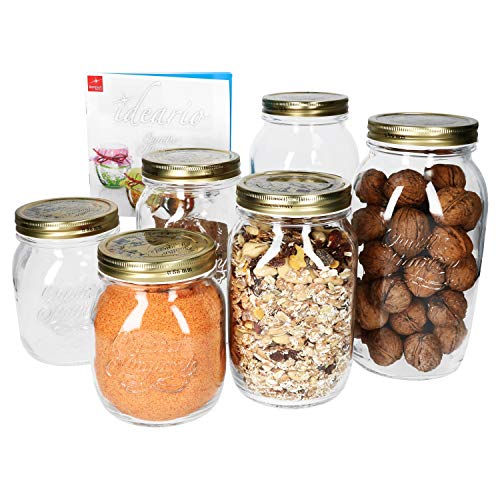 Bormioli Rocco Quattro Stagioni 6-TLG. Einmach-Gläserset je 2X 0,7L + 1L + 1,5L mit goldenem Metalldeckel inkl. Gummidichtung I Vorratsgläser mit Schraubverschluss zur Aufbewahrung & Konservierung