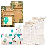 Green Estate Reusable Beeswax Wrap and Mesh Produce Bag Bundle - 4 Pack Food Storage Wrap + 4 Mesh Produce Storage Bags - Eco-Friendly, Plastic Free, Sustainable (Teal Cactus)