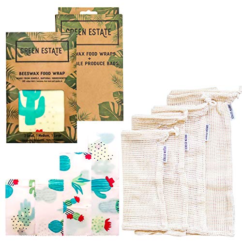 Green Estate Reusable Beeswax Wrap and Mesh Produce Bag Bundle - 4 Pack Food Storage Wrap + 4 Mesh Produce Storage Bags - Eco-Friendly, Plastic Free, Sustainable (Teal Cactus)
