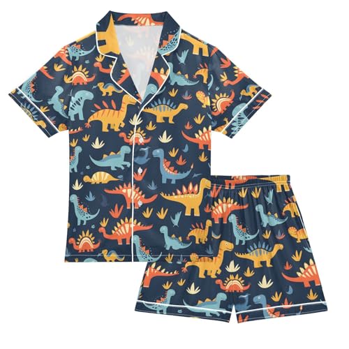 ALAZA Dinosaur on Navy Blue Cartoon Pajamas Satin Pajama Set Short Sleeve Button Down Sleepwear