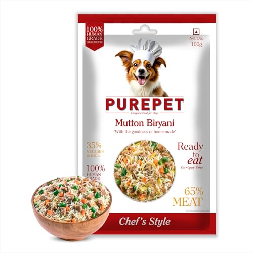 Image of Purepet Fresh Dog Food Mutton Biryani, for Adult & Puppy, 100gm | High Protein, 65% Real Meat, 35% Veggies & Rice | No Preservatives | Ready to Serve | All Breeds | One Pack One Meal (Pack of 12)