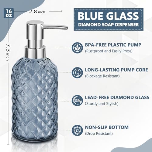 RYTOXILO Soap Dispenser Bathroom, Glass Hand Soap and Lotion Dispenser Set, 16 Oz 2 Pack Blue Dish Soap Dispensers for Kitchen with Sliver Plastic Pump, Refillable Liquid Lotion Bottle Container - Thumbnail 2