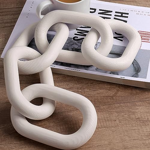 MINCORD Wood Chain Link Decor, Rustic Coffee Table Decorative Chain, Book Shelf Decor Accents, Dining Table Decor, Boho, Country or Modern Home Décor for Shelves - White Washed