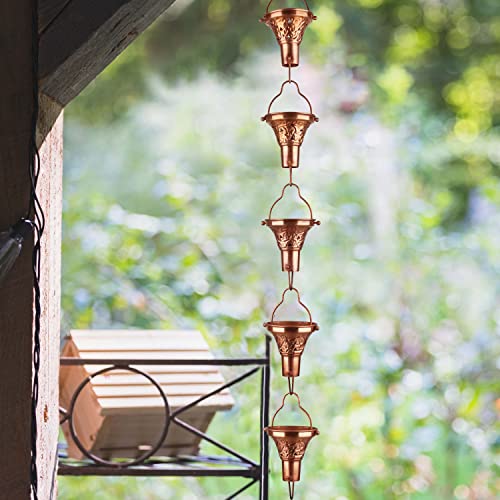 U-Nitt 8-1/2 Feet Naomi Pure Copper Rain Chain For Gutter: #786/232 Embossed Cup Medium; 8.5 Ft Length #TOP5