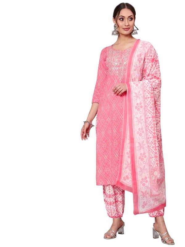 Pinkmint Women Cotton Straight Printed Kurta With Pant & Dupatta Pink