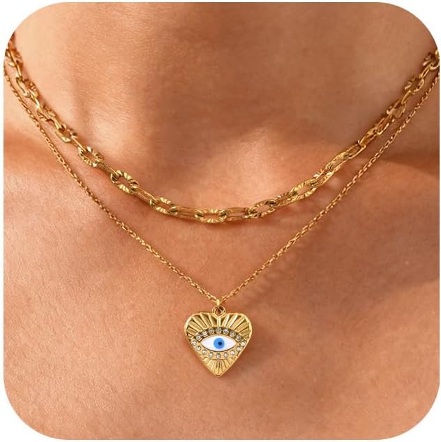 Women's Gold Evil Eye Necklace - 14K Gold Plated Evil Eye Choker Necklaces,Cubic Zirconia Non Tarnish Golden Layered Heart Protection Necklace,Lucky Spiritual Jewelry Gifts for Girlfriend Sister Wife